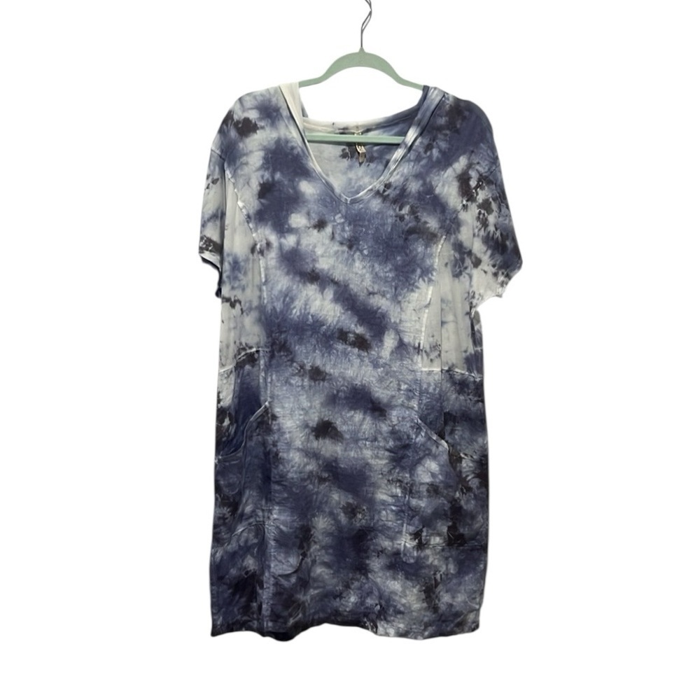 XCVI blue & white tie die v neck hooded linen lagenlook dress size Large